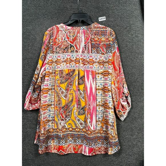 Figueroa Flower Tunic Blouse Womens Size XL Multi V-Neck Roll Tab 3/4 Sleeves - Picture 2 of 7